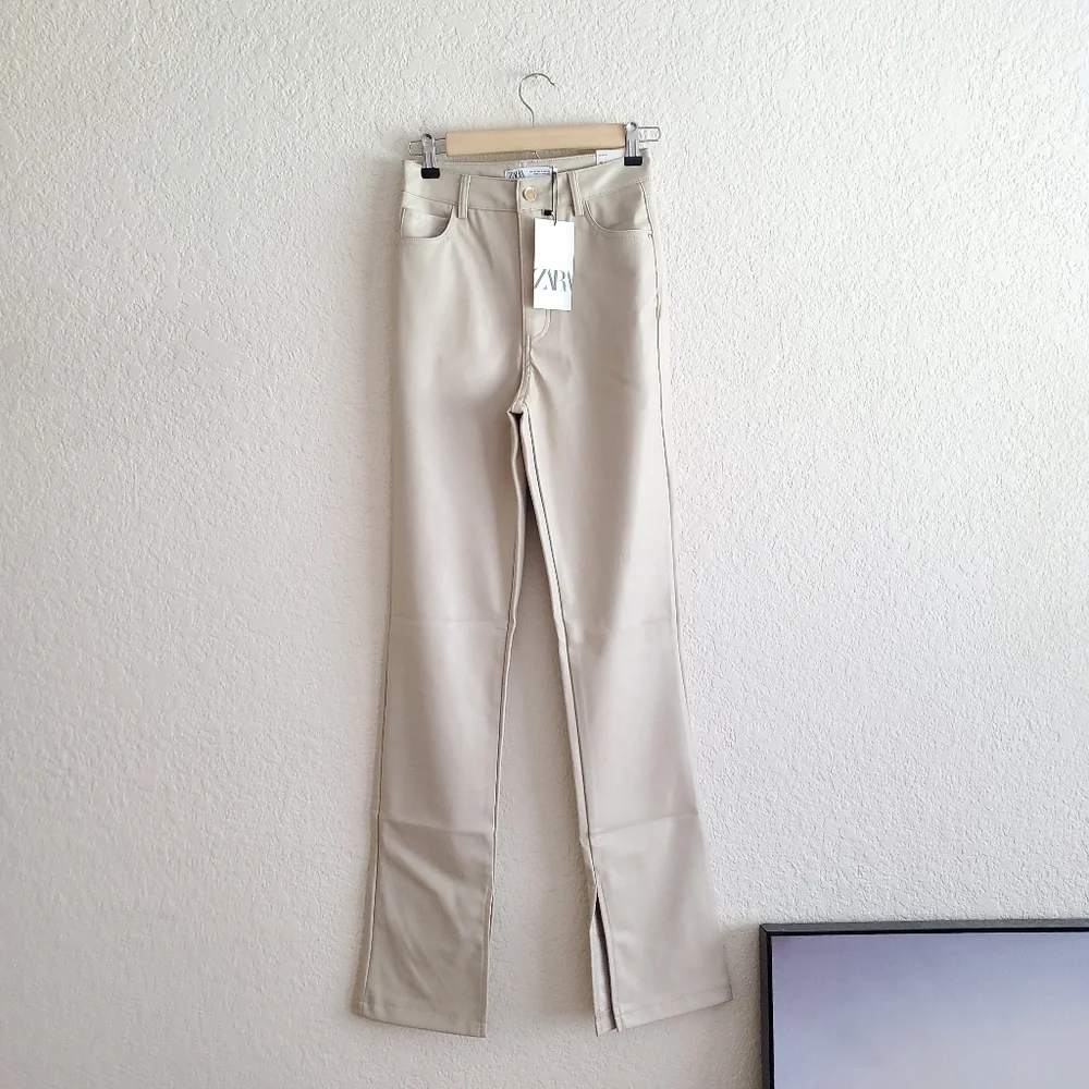 Zara Faux Leather Cream Pants Slit